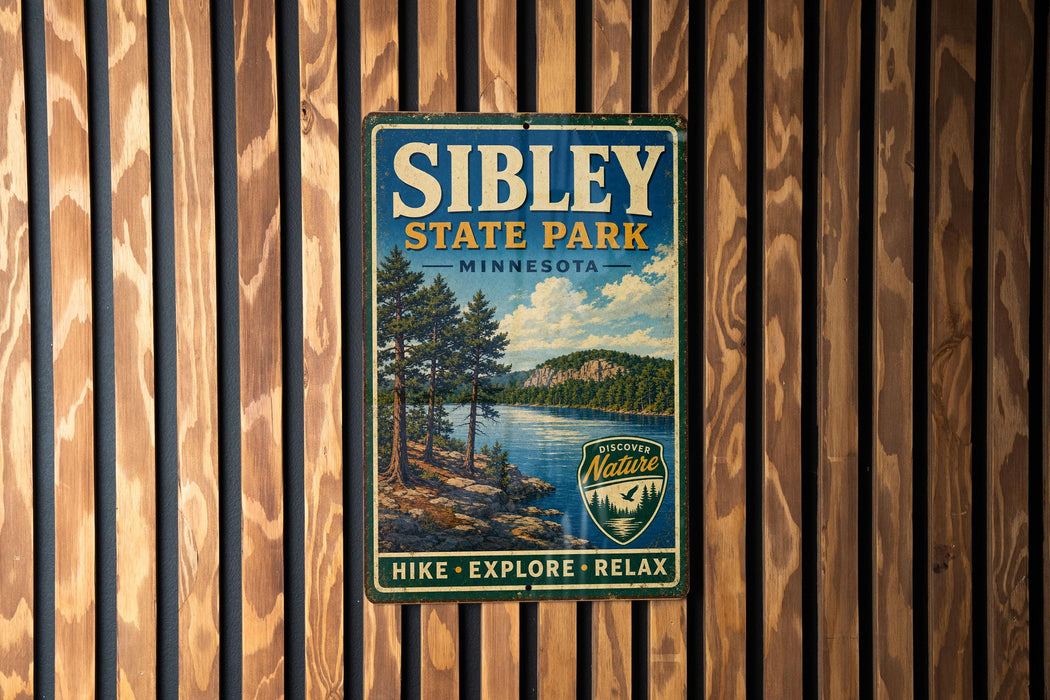 A vintage metal sign for Sibley State Park in Minnesota, featuring a scenic landscape with pine trees, a lake, and mountains.