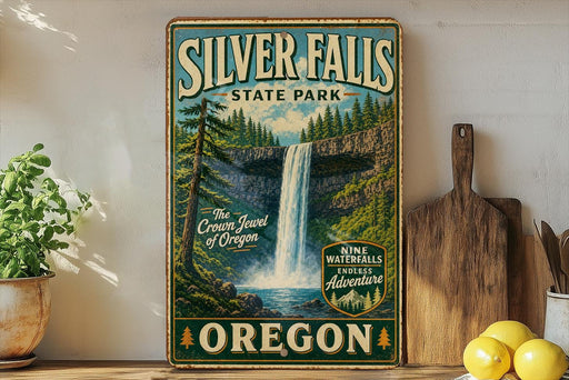 A vintage-style sign for Silver Falls State Park in Oregon, featuring a waterfall and forest scenery.