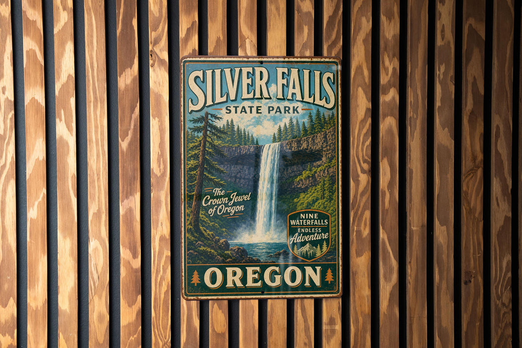 A vintage-style metal sign for Silver Falls State Park in Oregon, featuring a waterfall and forest scenery.