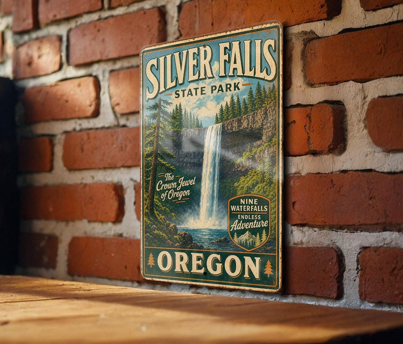 A vintage-style metal sign for Silver Falls State Park in Oregon, featuring a waterfall and forest scenery.