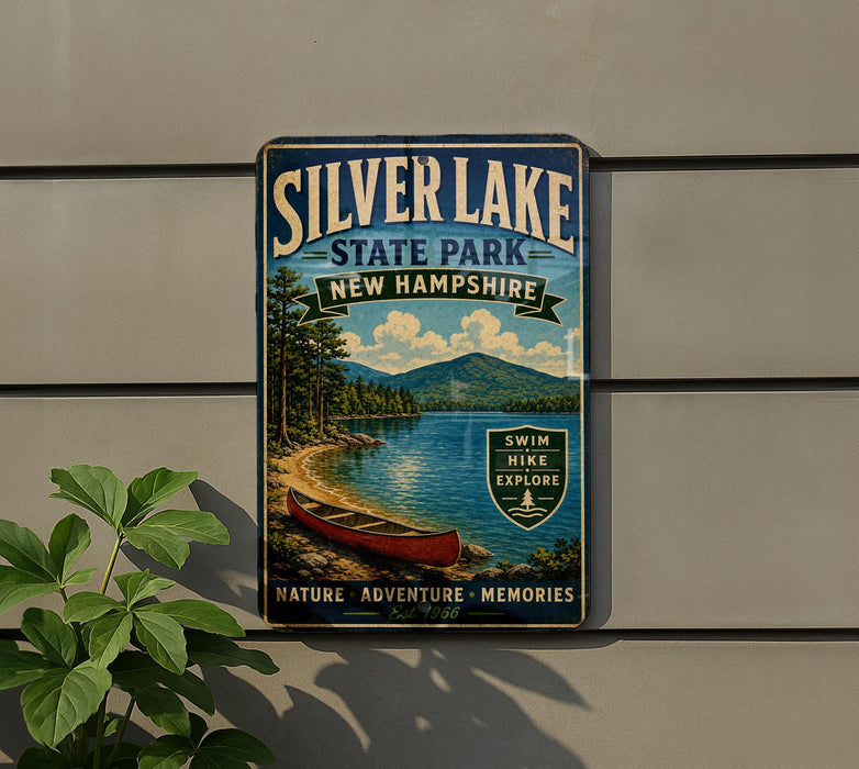 A vintage-style metal sign for Silver Lake State Park in New Hampshire, featuring a scenic image of a lake, mountains, and a canoe.