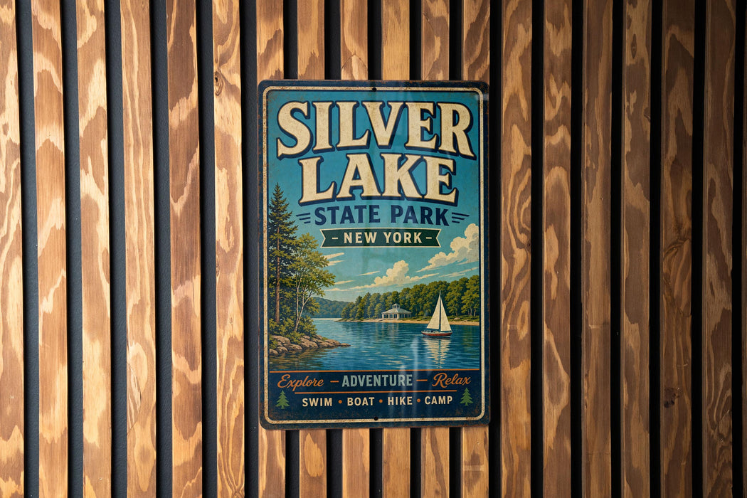 A vintage-style metal sign for Silver Lake State Park in New York, featuring a scenic illustration of a lake with a sailboat and a forested shoreline.