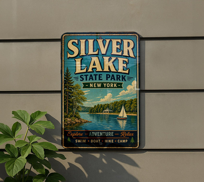 A vintage-style sign for Silver Lake State Park in New York, featuring a scenic image of a lake with a sailboat and a forest backdrop.