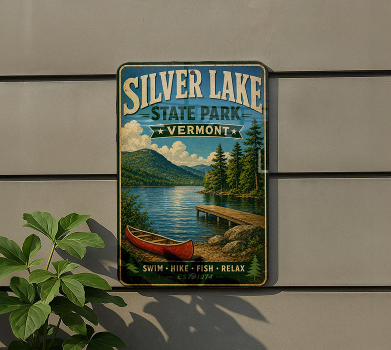 A vintage-style metal sign for Silver Lake State Park in Vermont, featuring a scenic image of a lake, mountains, and a canoe.