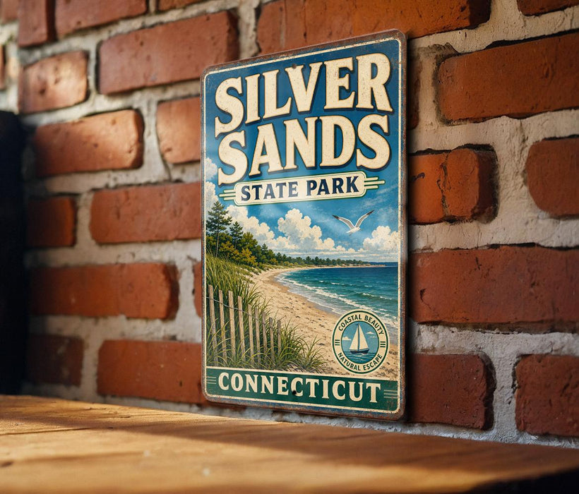 A vintage-style metal sign for Silver Sands State Park in Connecticut, featuring a scenic beach landscape with a wooden fence and a bird in flight.