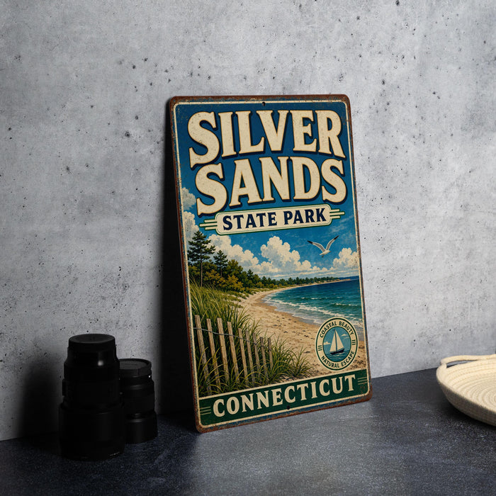 A vintage-style sign for Silver Sands State Park in Connecticut, featuring a beach scene and a bird in flight.