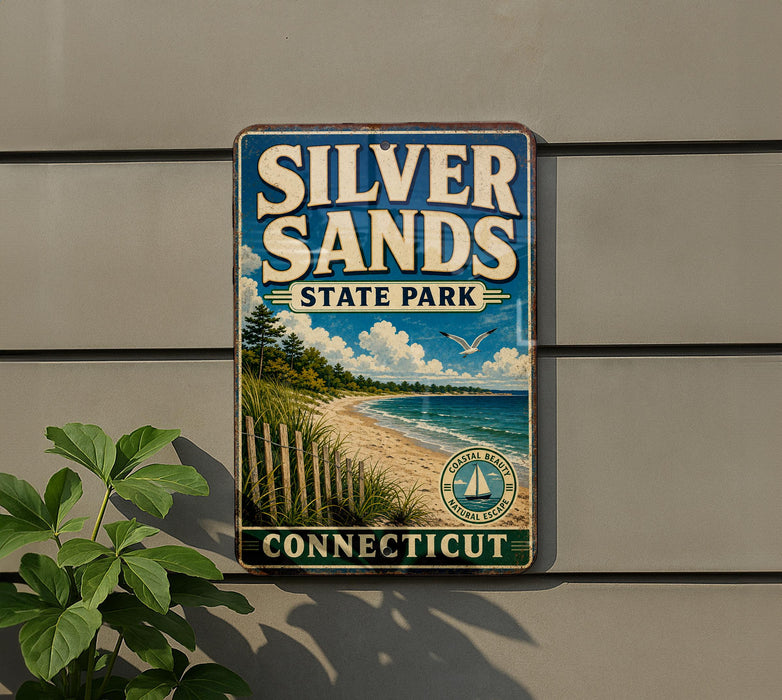 A vintage-style sign for Silver Sands State Park in Connecticut, featuring a beach scene and a sailboat, mounted on a gray wall.