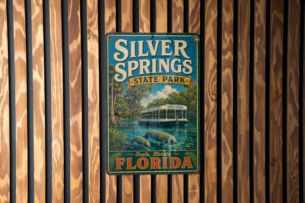 A vintage-style metal sign for Silver Springs State Park in Florida, featuring a boat on a body of water surrounded by palm trees.