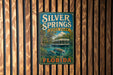 A vintage-style metal sign for Silver Springs State Park in Florida, featuring a boat on a body of water surrounded by palm trees.