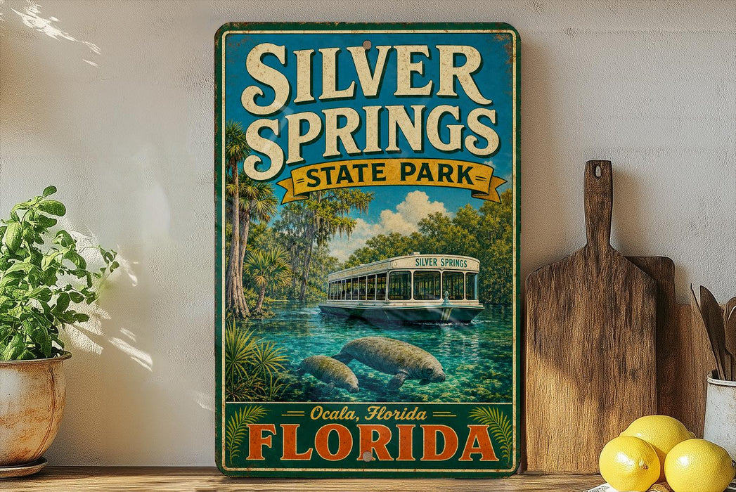 A vintage-style sign for Silver Springs State Park in Florida, featuring a scenic image of a boat on a river surrounded by palm trees and other natural elements.