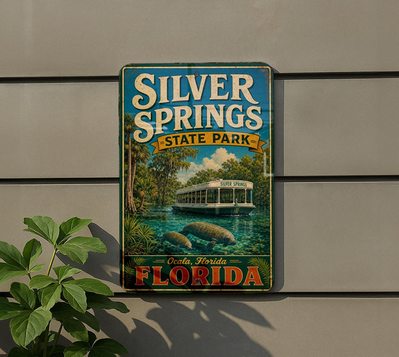 A vintage-style sign for Silver Springs State Park in Florida, featuring a scenic image of a boat on a lake surrounded by palm trees.