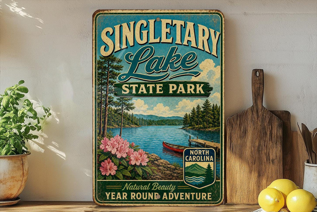 A vintage-style sign for Singletary Lake State Park, featuring a scenic illustration of the lake surrounded by pine trees and mountains, with a red canoe in the water.