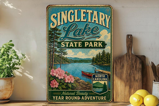 A vintage-style sign for Singletary Lake State Park, featuring a scenic illustration of the lake surrounded by pine trees and mountains, with a red canoe in the water.