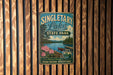 A vintage metal sign for Singletary Lake State Park, featuring a scenic landscape with a lake, mountains, and a boat.
