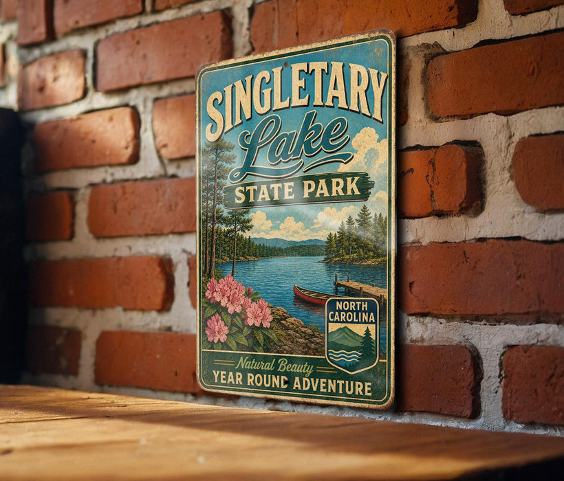 A vintage-style sign for Singletary Lake State Park, featuring a scenic landscape with a lake, mountains, and a boat.