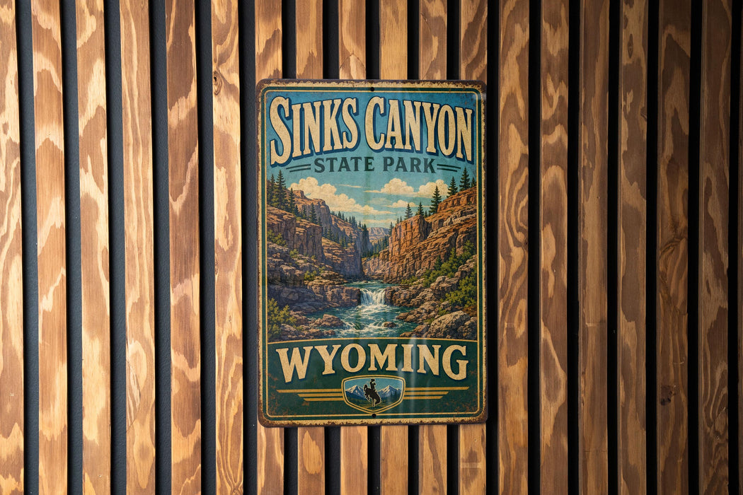A vintage-style metal sign for Sinks Canyon State Park in Wyoming, featuring a scenic illustration of the canyon landscape.
