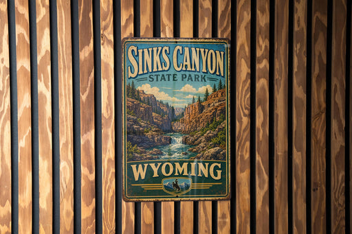 A vintage-style metal sign for Sinks Canyon State Park in Wyoming, featuring a scenic illustration of the canyon landscape.