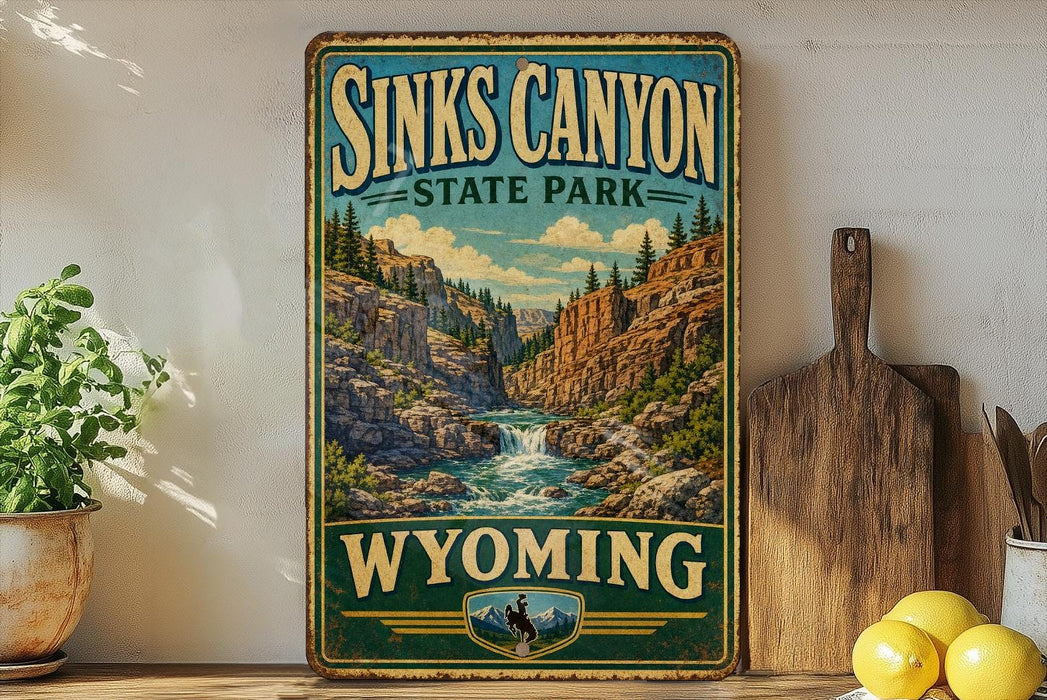 A vintage-style sign for Sinks Canyon State Park in Wyoming, featuring a scenic illustration of a waterfall and mountains.