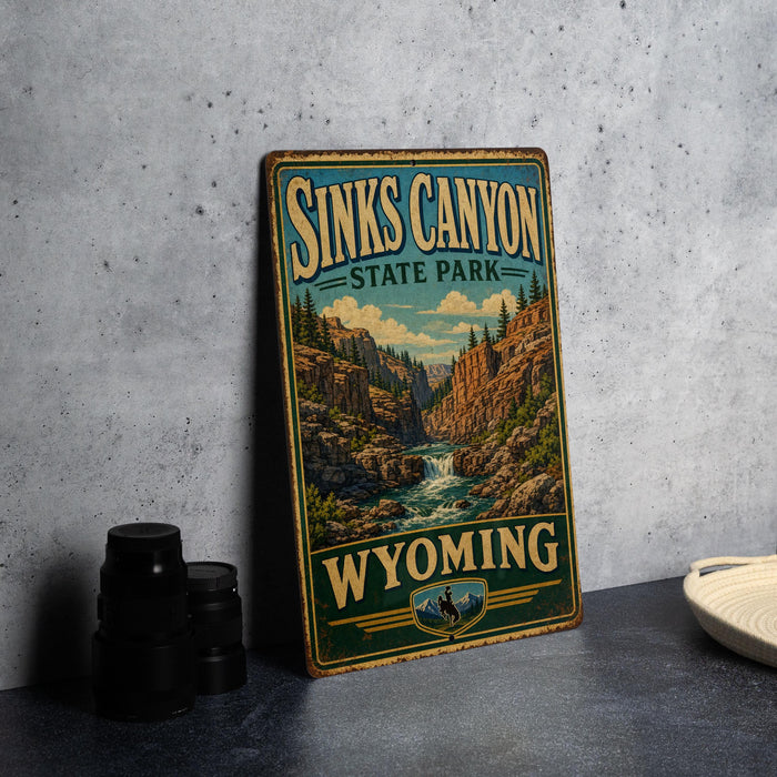 A vintage-style sign for Sinks Canyon State Park in Wyoming, featuring a scenic illustration of the canyon landscape.