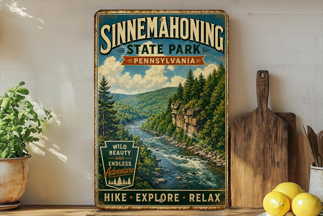 A vintage-style sign for Sinneemahoning State Park in Pennsylvania, featuring a scenic image of a river surrounded by pine trees and mountains.