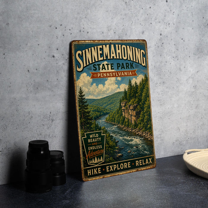 A vintage-style metal sign for Sinneemahoning State Park in Pennsylvania, featuring a scenic image of a river and forest.