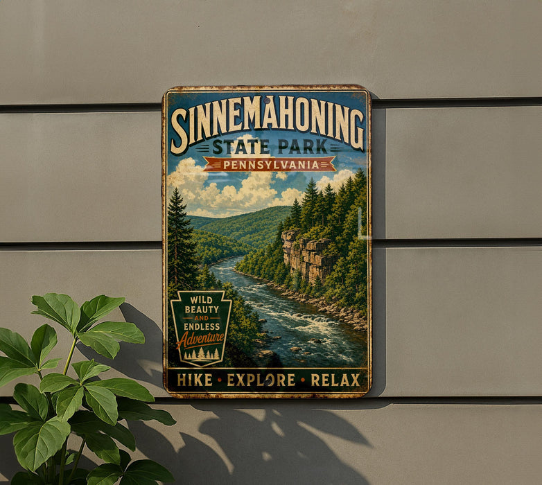 A vintage-style sign for Sinnemahoning State Park in Pennsylvania, featuring a scenic image of a river and forest.