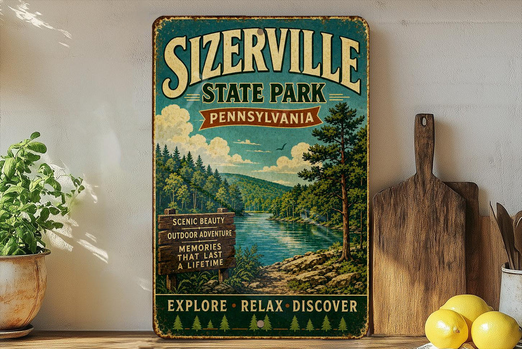 A vintage-style metal sign for Sizerville State Park in Pennsylvania, featuring a scenic landscape with a river and pine trees.