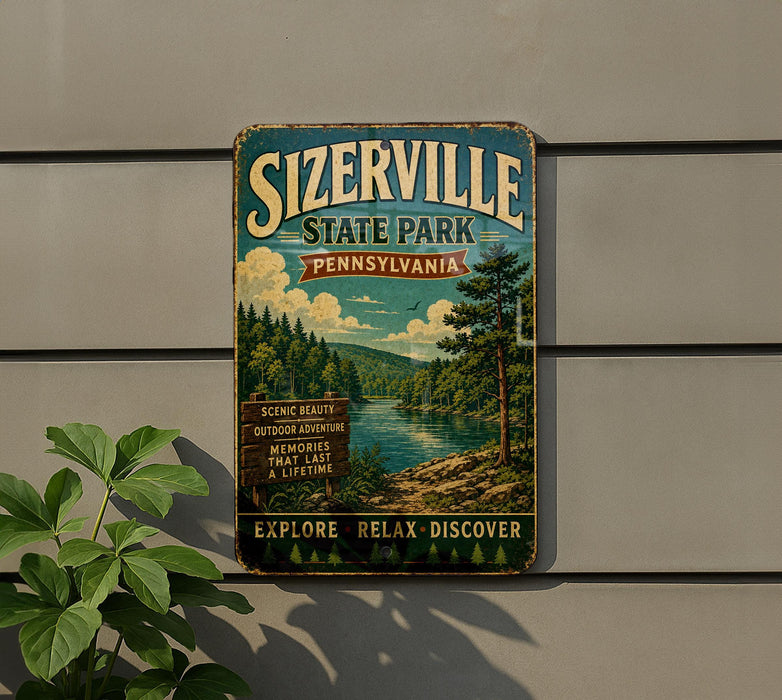 A vintage-style metal sign for Sizerville State Park in Pennsylvania, featuring a scenic landscape with a river and pine trees.