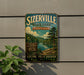 A vintage-style metal sign for Sizerville State Park in Pennsylvania, featuring a scenic landscape with a river and pine trees.