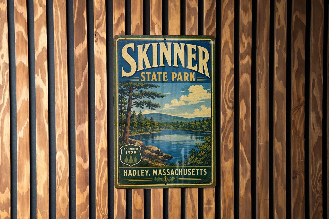 A vintage-style sign for Skinner State Park in Hadley, Massachusetts, featuring a scenic landscape with a lake and mountains.