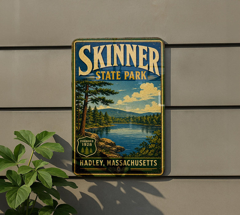 A vintage-style sign for Skinner State Park in Hadley, Massachusetts, featuring a scenic landscape with a lake and mountains.