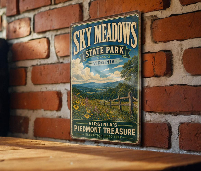 A vintage-style sign for Sky Meadows State Park in Virginia, featuring a scenic landscape with a wooden fence and a field of flowers.