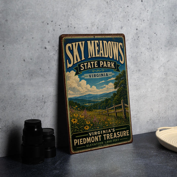 A vintage-style sign for Sky Meadows State Park in Virginia, featuring a scenic landscape with a field of flowers and a wooden fence.