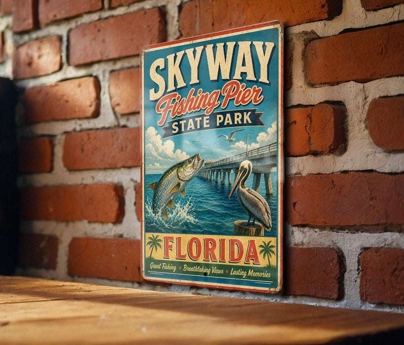 A vintage-style sign for Skyway Fishing Pier State Park in Florida, featuring an illustration of a fish jumping out of the water and a pelican perched on a pier.