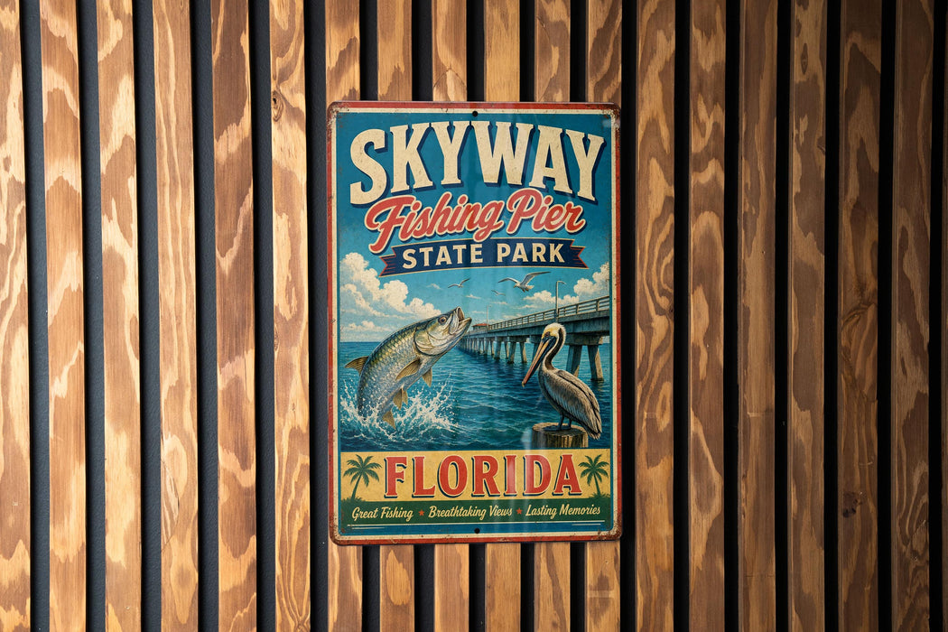 A vintage-style sign for Skyway Fishing Pier State Park in Florida, featuring an illustration of a fish jumping out of the water and a pelican.