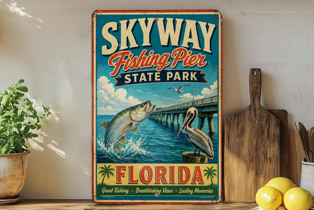 A vintage-style sign for Skyway Fishing Pier in Florida, featuring an illustration of a fish leaping out of the water and a pelican perched on a wooden post.