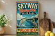 A vintage-style sign for Skyway Fishing Pier in Florida, featuring an illustration of a fish leaping out of the water and a pelican perched on a wooden post.