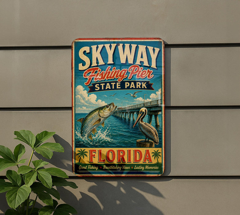 A vintage-style sign for Skyway Fishing Pier State Park in Florida, featuring an illustration of a fish jumping out of the water and a bird perched on a pier.