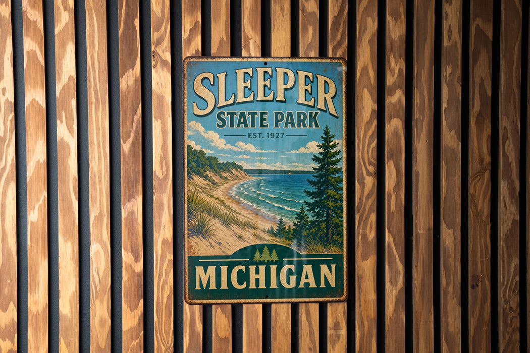 A vintage metal sign for Sleeper State Park in Michigan, featuring a scenic landscape with a beach, mountains, and pine trees.