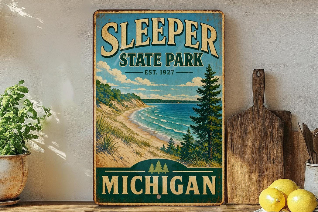 A vintage-style sign for Sleeper State Park in Michigan, featuring a scenic landscape with a beach, mountains, and pine trees.