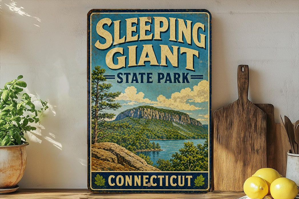 A vintage-style sign for Sleeping Giant State Park in Connecticut, featuring a scenic mountain landscape with a lake and pine trees.