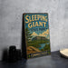 A vintage-style sign for Sleeping Giant State Park in Connecticut, featuring a scenic landscape with a mountain and lake.