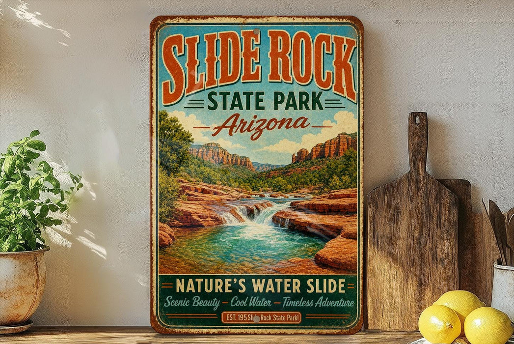 A vintage-style sign for Slide Rock State Park in Arizona, featuring a scenic image of a waterfall and rock formations.