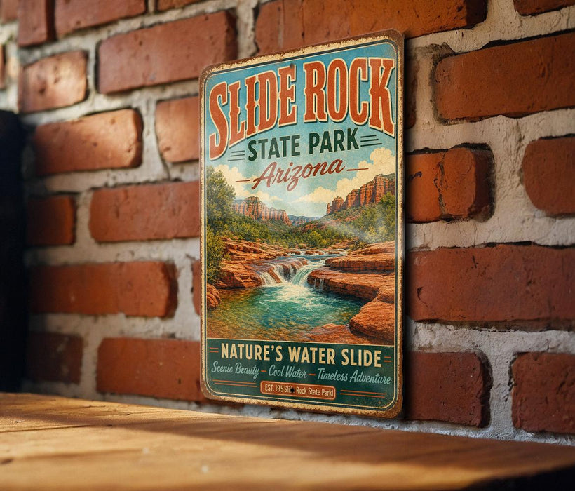 A vintage-style metal sign for Slide Rock State Park in Arizona, featuring a scenic image of a waterfall and desert landscape.