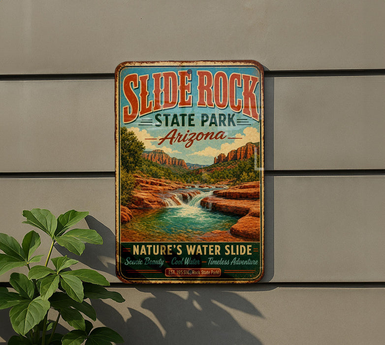 A vintage-style metal sign for Slide Rock State Park in Arizona, featuring a scenic waterfall and desert landscape.