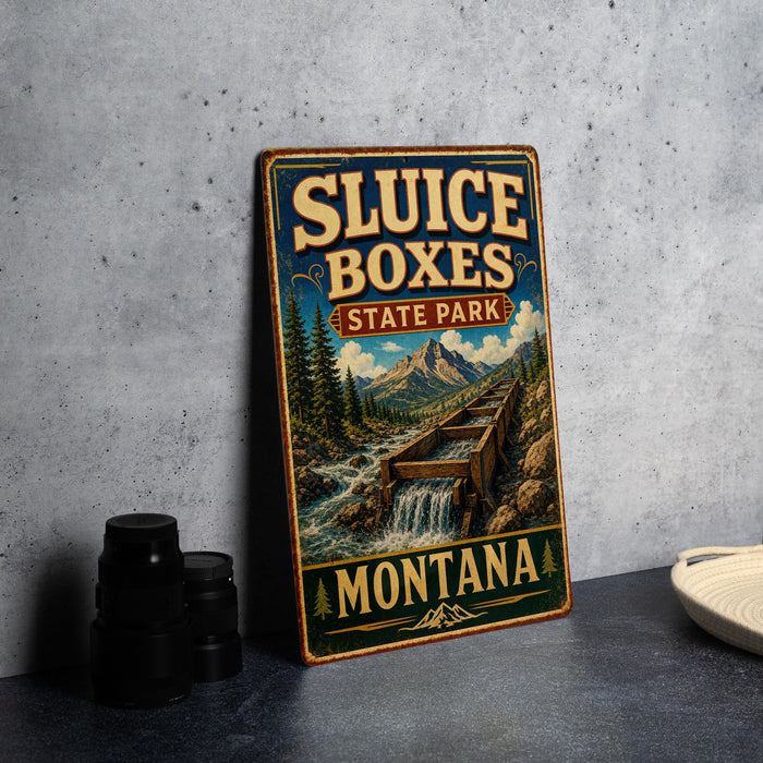 A vintage-style sign for Sluice Boxes State Park in Montana, featuring a scenic mountain landscape with a waterfall.