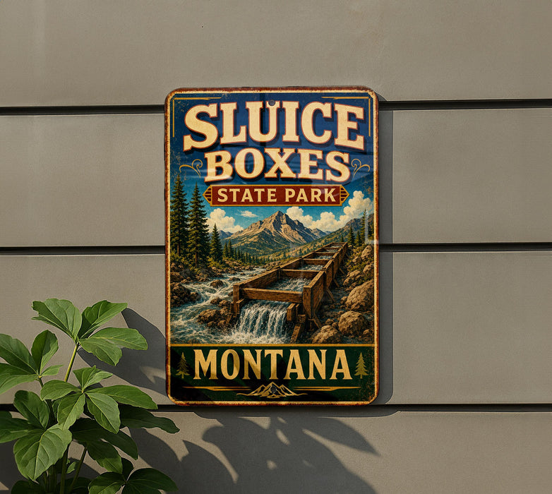 A metal sign with the text "SLUICE BOXES STATE PARK MONTANA" and an illustration of a waterfall and mountains.