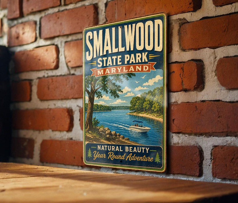 A vintage-style metal sign for Smallwood State Park, Maryland, featuring a scenic image of a lake and a boat on the water.