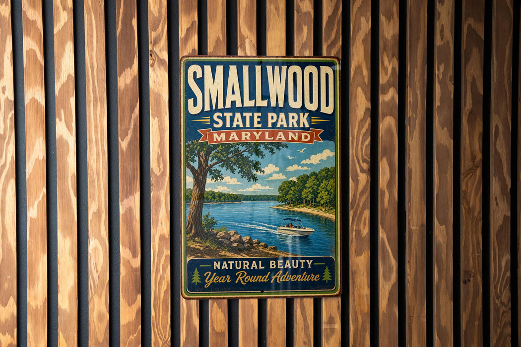A vintage-style metal sign for Smallwood State Park, Maryland, featuring a scenic landscape with a lake, trees, and a boat on the water.