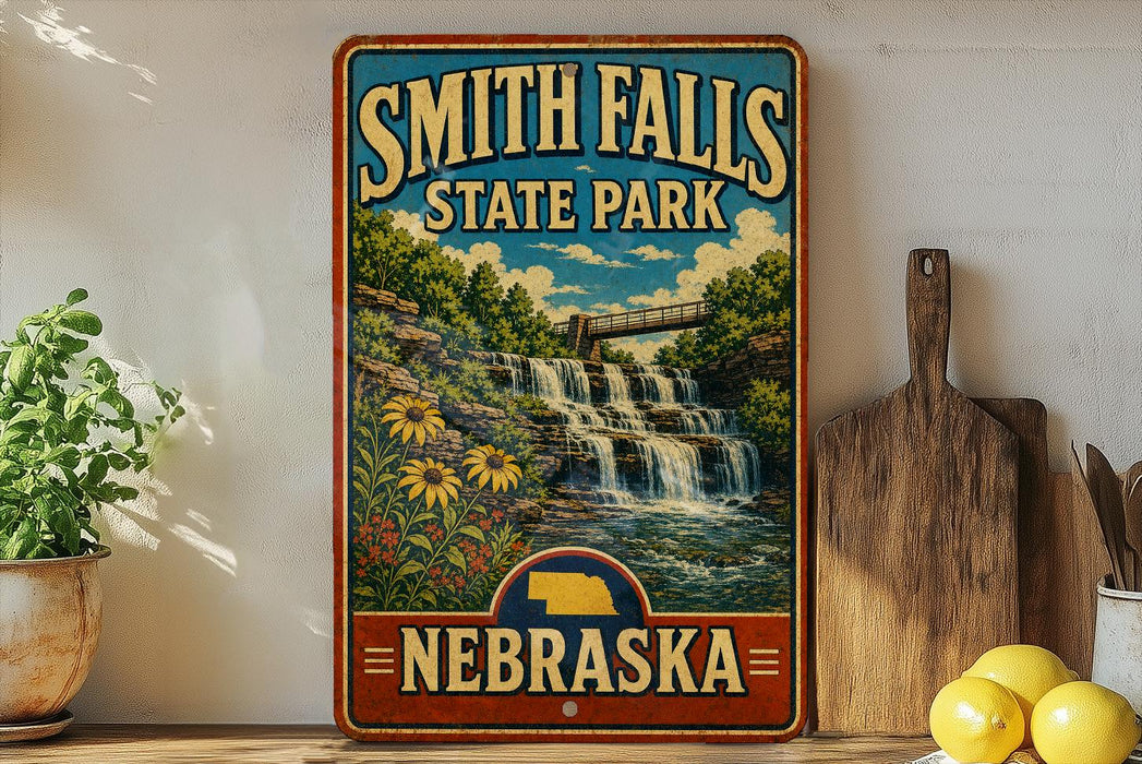 A vintage-style sign for Smith Falls State Park in Nebraska, featuring a scenic image of a waterfall surrounded by flowers and greenery.